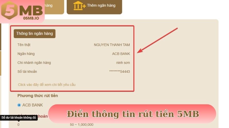 Điền thông tin rút tiền 5MB vào biểu mẫu để hoàn thành nhanh chóng