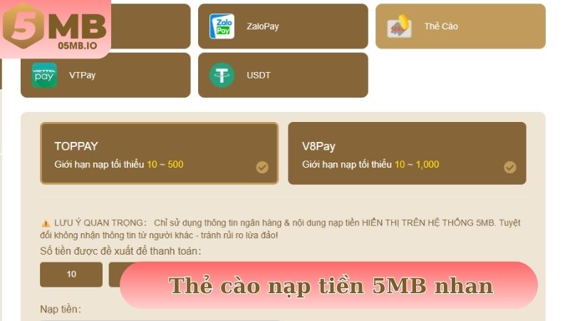 Thẻ cào nạp tiền 5MB được thành viên đánh giá cao