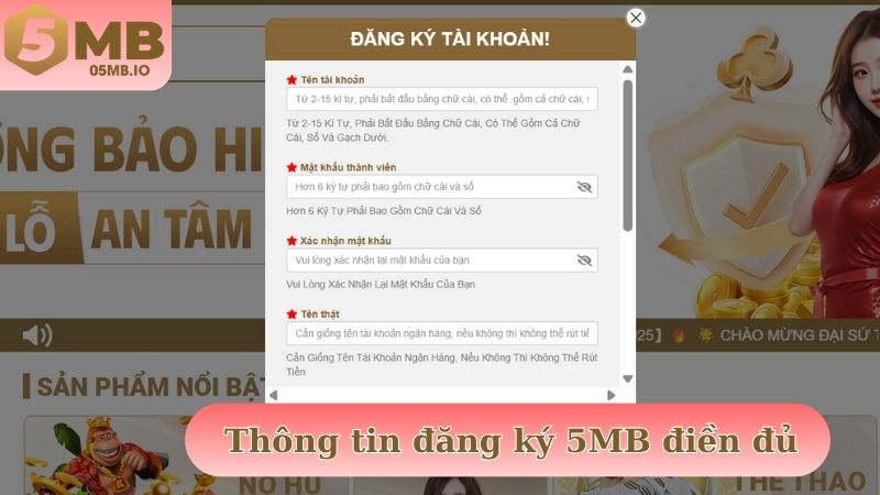 Thông tin đăng ký tại 5MB cần điền đầy đủ vào biểu mẫu